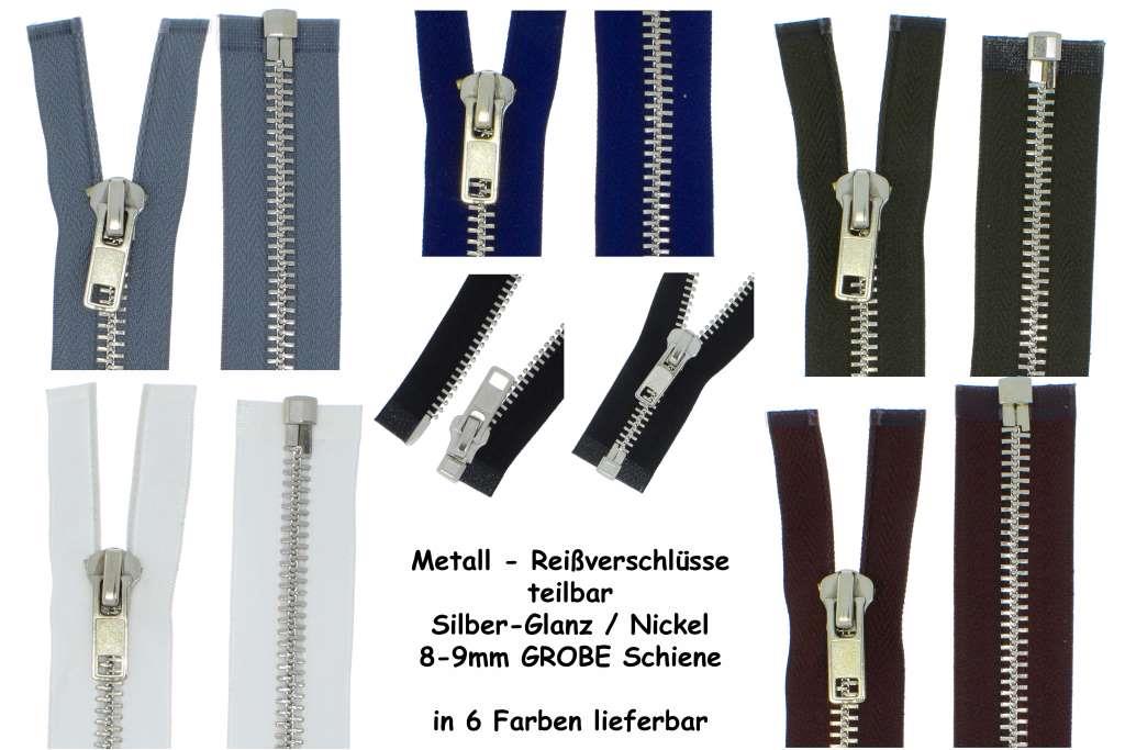 SONDERLÄNGEN Reißverschluss Metall Silber GROBE Schiene #8 teilbar