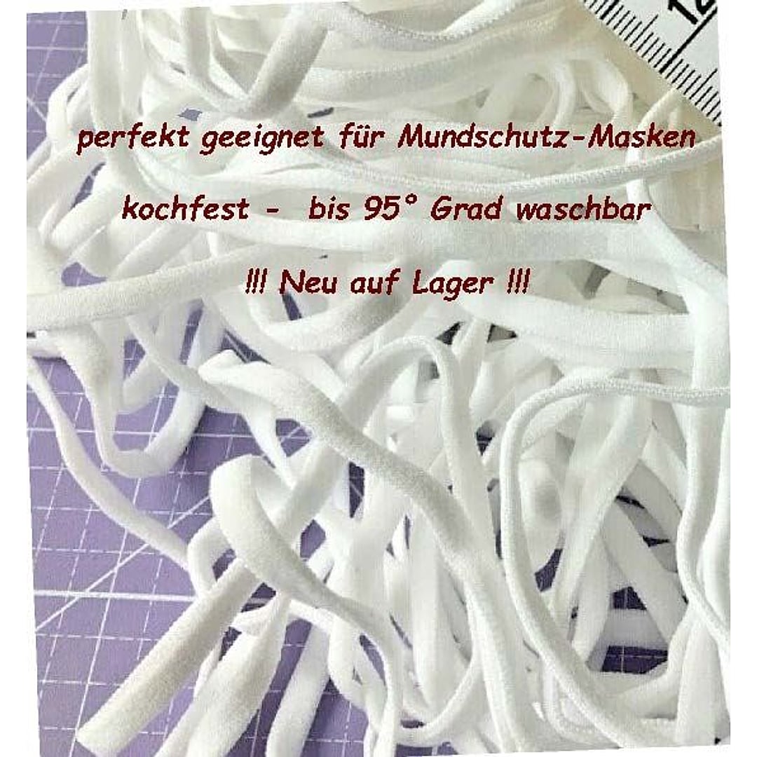 Gummiband weiß für Mundschutz Masken Elastisch Rund 5mm Breit, meterware