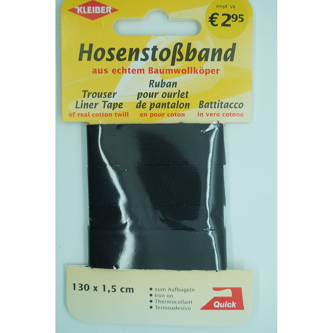 (0,02€/m)KLEIBER Hosenstoßband, 130cm x 1,5cm, zum Aufbügeln – Farbe schwarz