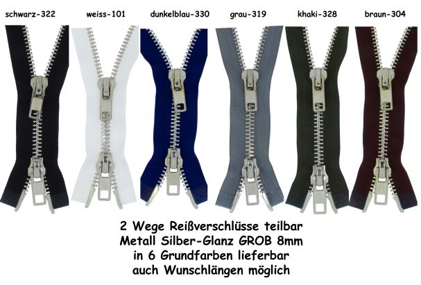 2 Wege Reißverschluss GROB Metall Silber - Nickel #8, teilbar