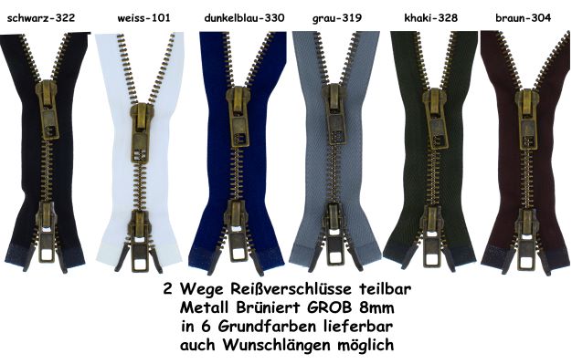 SONDERLÄNGEN 2 Wege Reißverschluss GROB Metall Brüniert Altmessing #8, teilbar